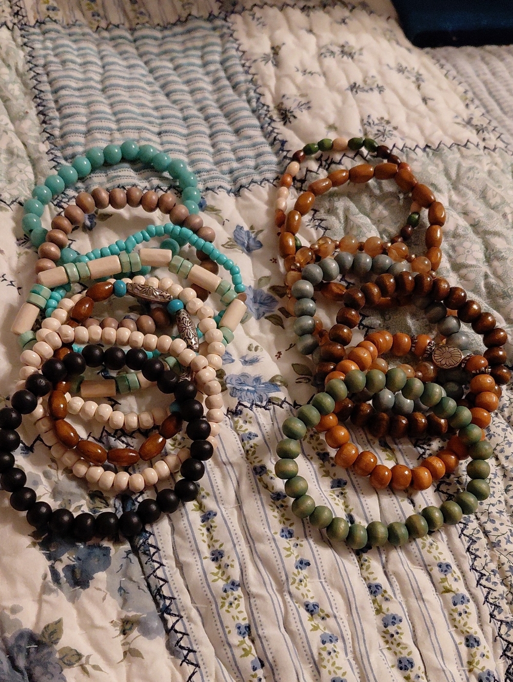 Beaded Stretch Bracelets - Mixed Turquoise, Brown, Cream & Black Set